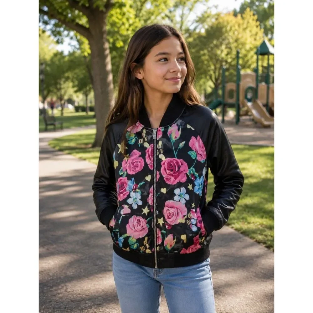 Justice Floral Silky Floral Bomber Jacket 12/14 Girls Academia Tween Y2K Popstar